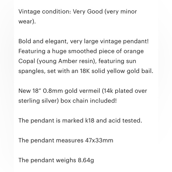 18K Large Copal Chunk Pendant: Golden Orange Teardrop Geometric Dangle Piece - Picture 15 of 17